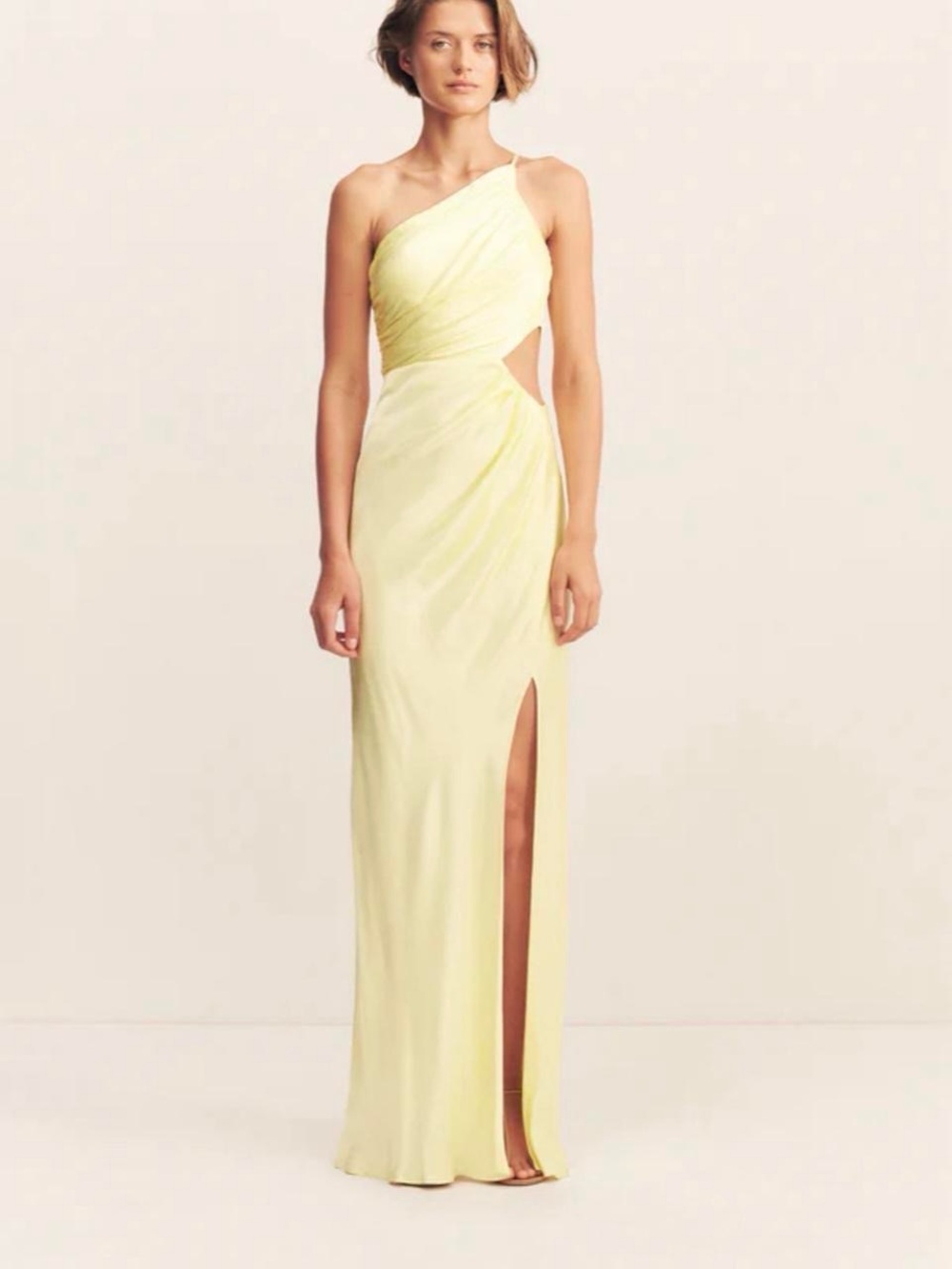 Shona Joy Lemon One-Shoulder Cutout Gown with Thigh Slit